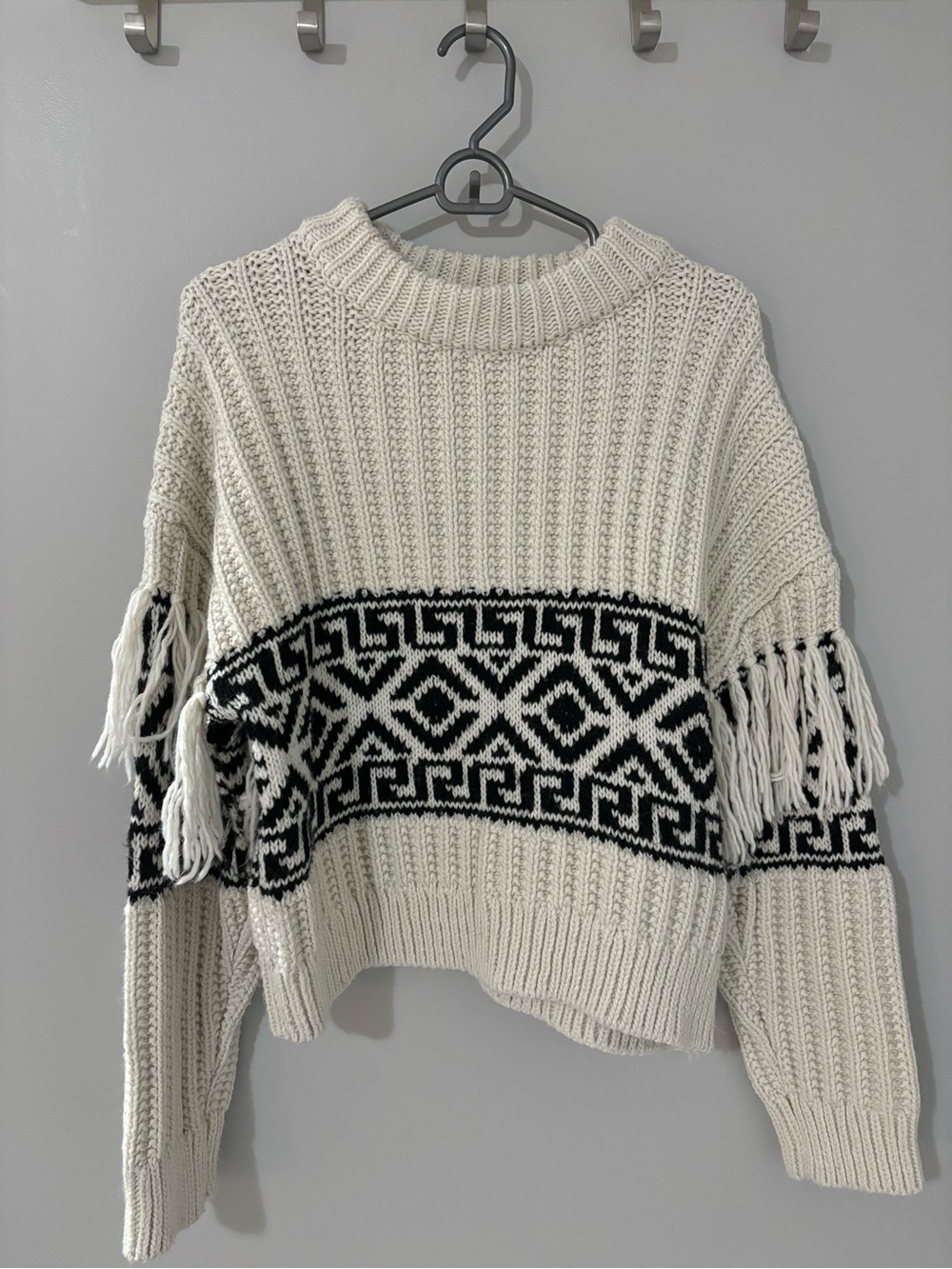 H&M Cream and Black Fringe Knit Crewneck Sweater